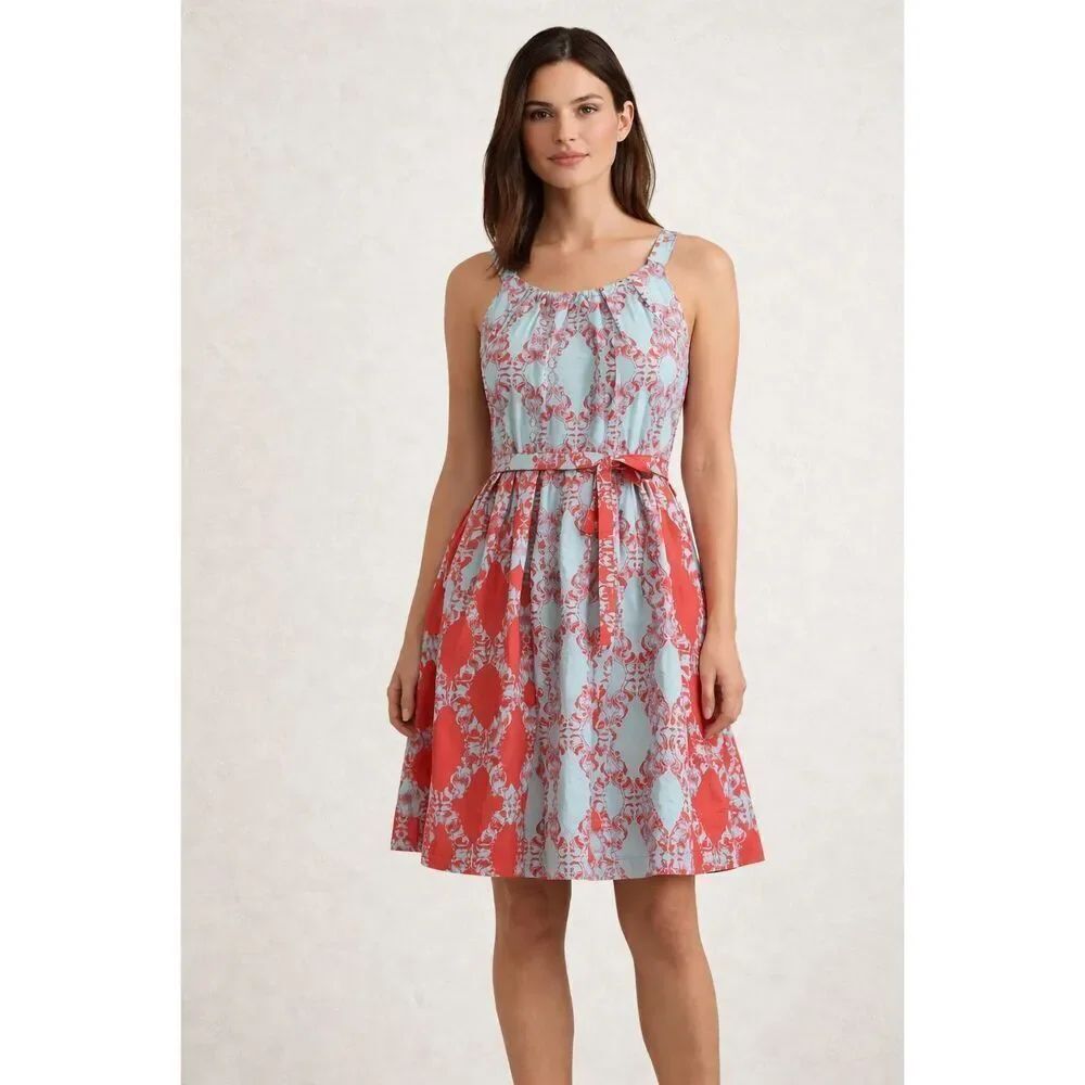 R&K Fit & Flare Damask Dress Blue Red Sleeveless Size 12